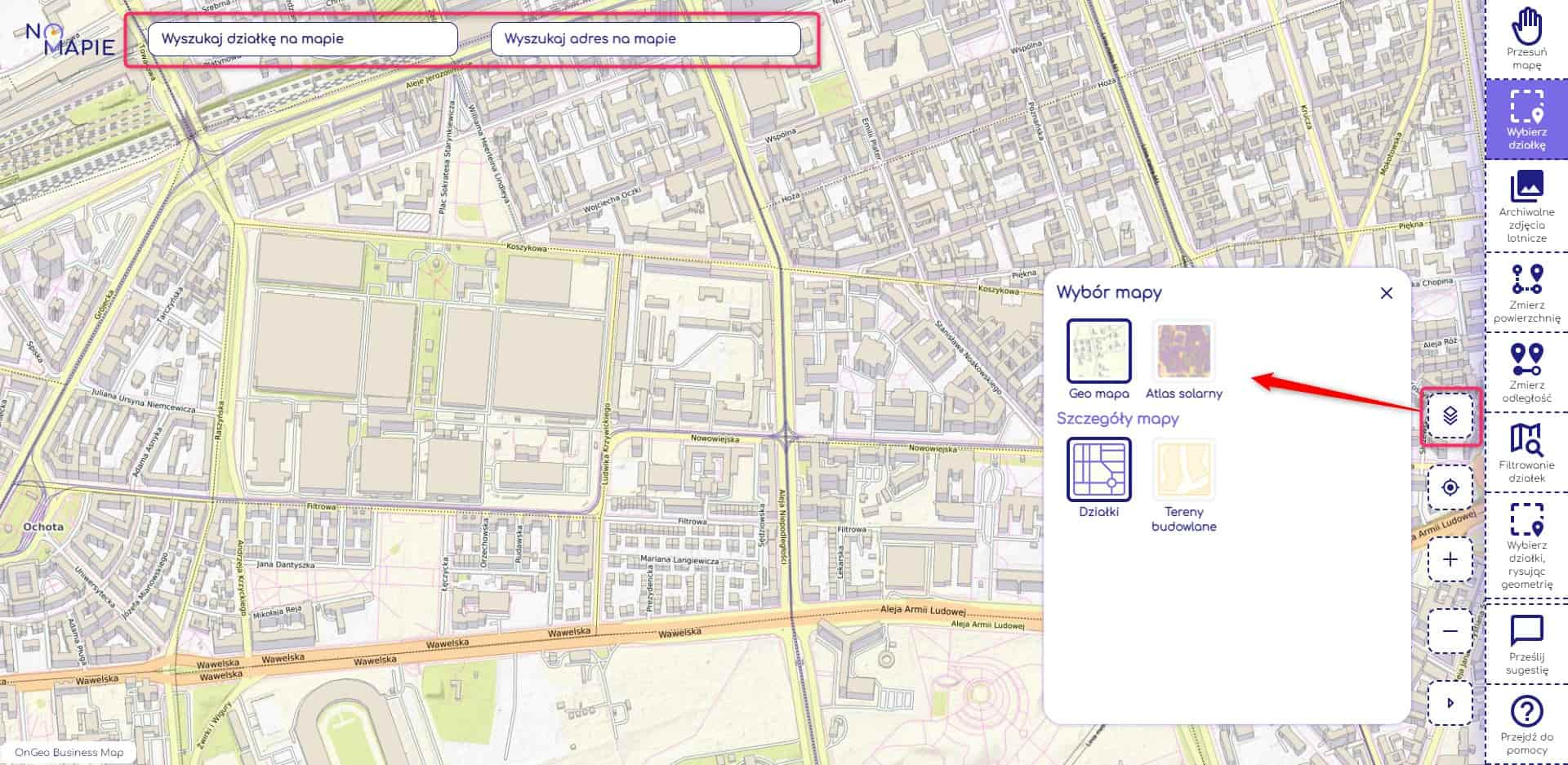 Wyszukiwarka działek i adresów, zmiana rodzaju mapy, Na Mapie