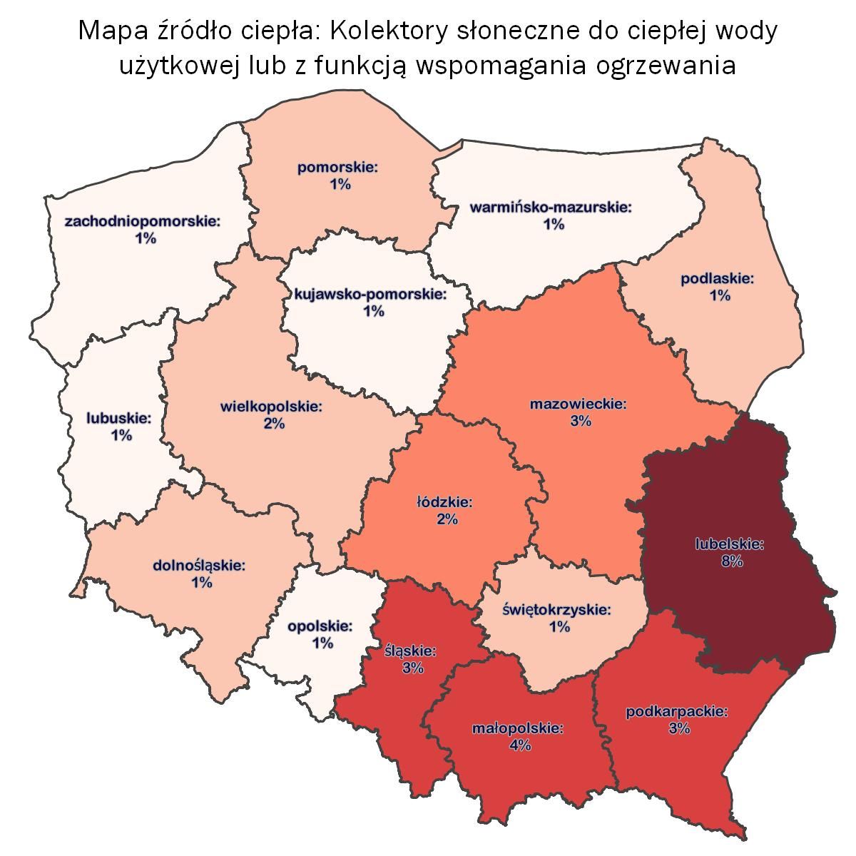 Mapa udział ogrzewania kolektorami słonecznymi w źródłach ogrzewania 