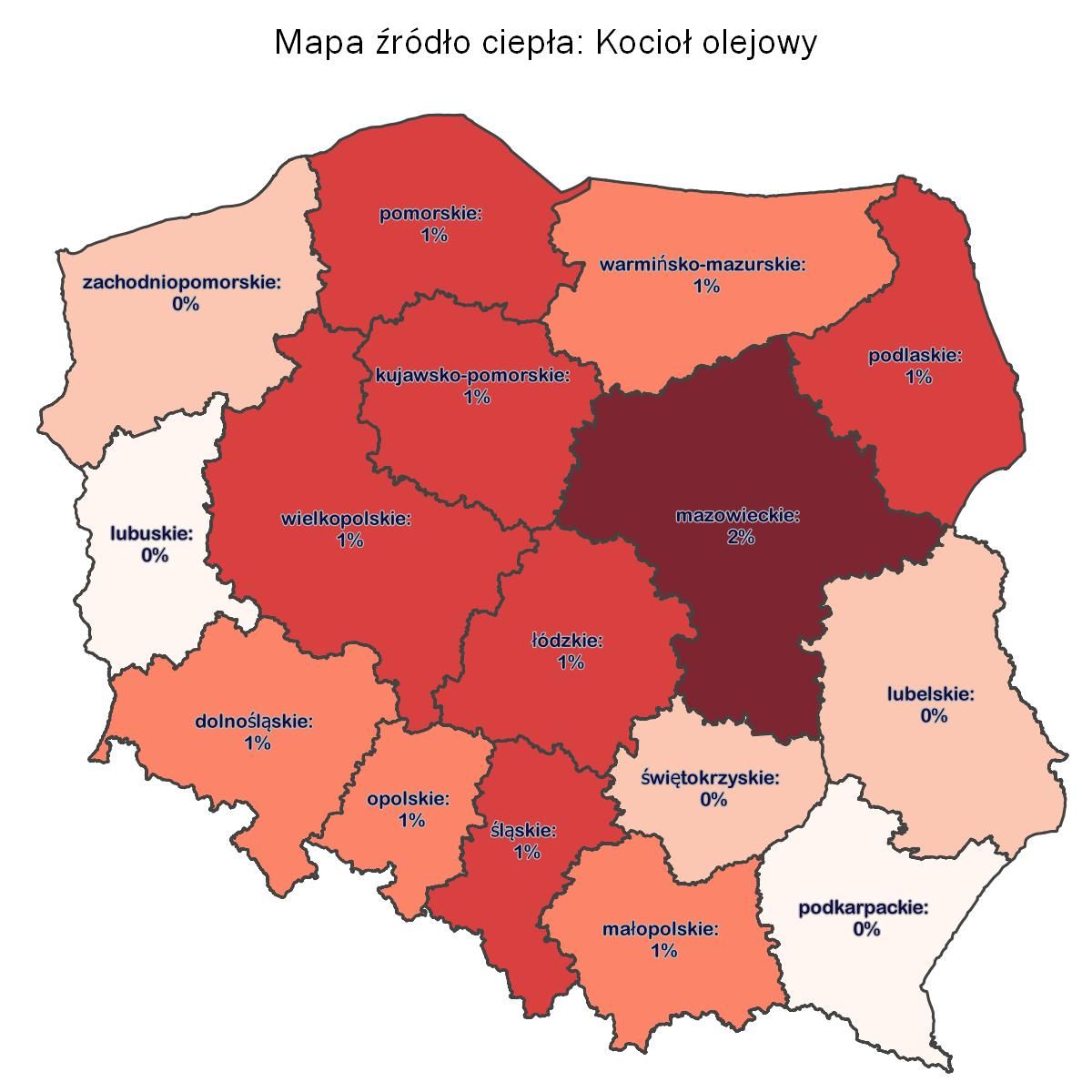 Mapa udział ogrzewania paliwami olejowymi w źródłach ogrzewania 