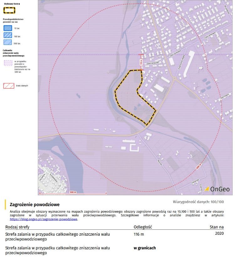 Mapa 1: Zagrożenie powodziowe dla działki w m. Wilanów, woj. mazowieckie, aktualizacja na rok 2020