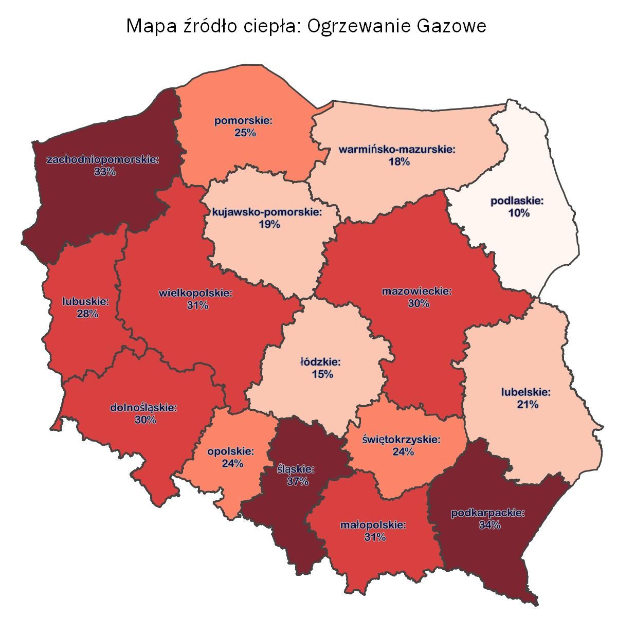 Mapa udział ogrzewania gazowego w źródłach ogrzewania 