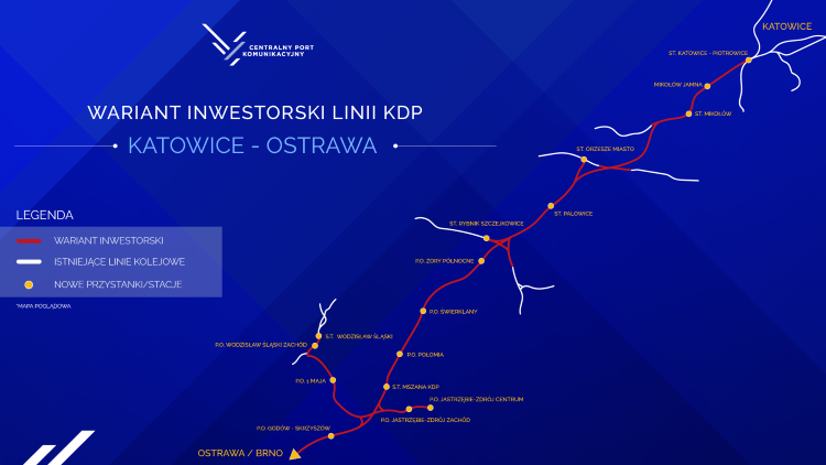 Wariant inwestorski linii KDP Katowice-Ostrawa, źródło: CPK 