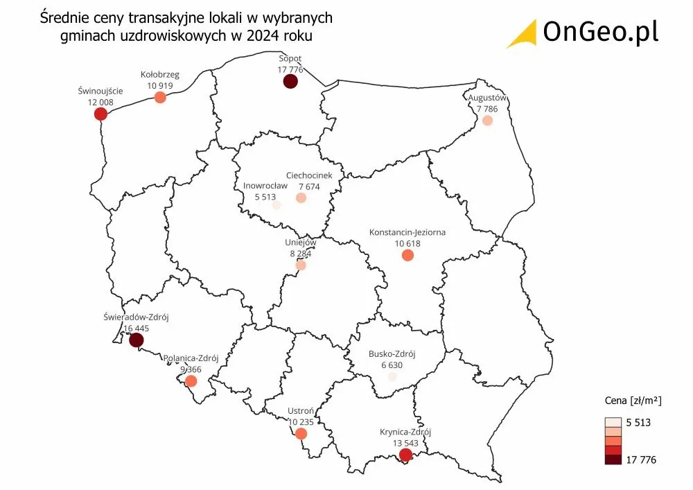 Mapa średnich cen transakcyjnych lokali w gminach uzdrowiskowych w Polsce w 2024 roku