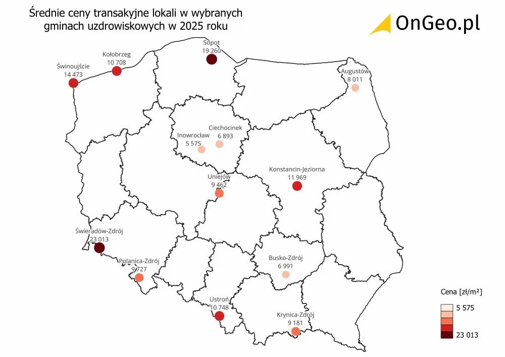 Mapa średnich cen transakcyjnych lokali w gminach uzdrowiskowych w Polsce w 2025 roku
