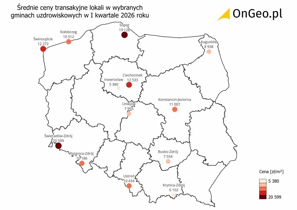 Mapa średnich cen transakcyjnych lokali w gminach uzdrowiskowych w Polsce w I kwartale 2026 roku