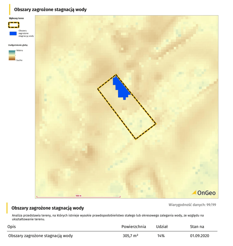 Obszary zagrożone stagnacją wody - fragment Raportu o Terenie; działka w województwie pomorskim