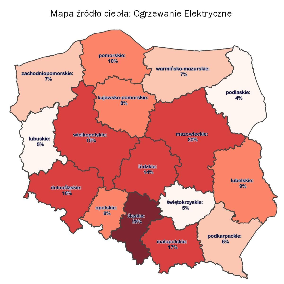 Mapa udział ogrzewania elektrycznego w źródłach ogrzewania 