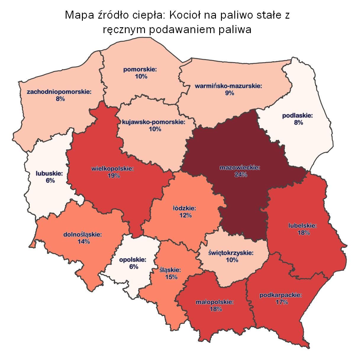 Mapa udział ogrzewania paliwami stałymi w źródłach ogrzewania 