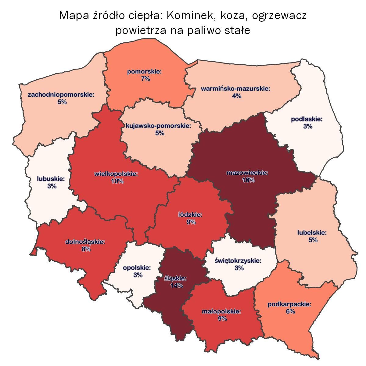 Mapa udział ogrzewania w kominkach i kozach w źródłach ogrzewania 