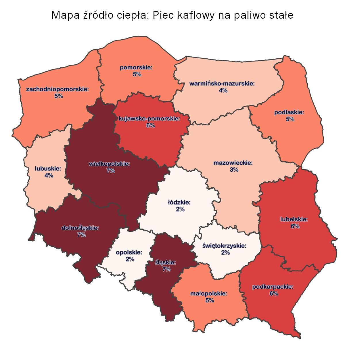 Mapa udział ogrzewania w piecach kaflowych w źródłach ogrzewania 