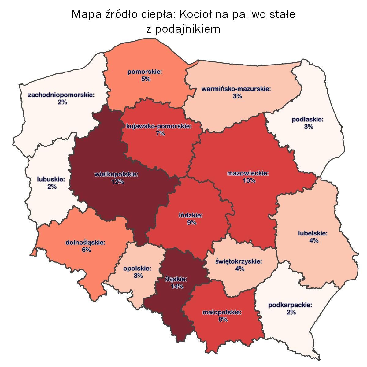 Mapa udział ogrzewania paliwami stałymi w źródłach ogrzewania 