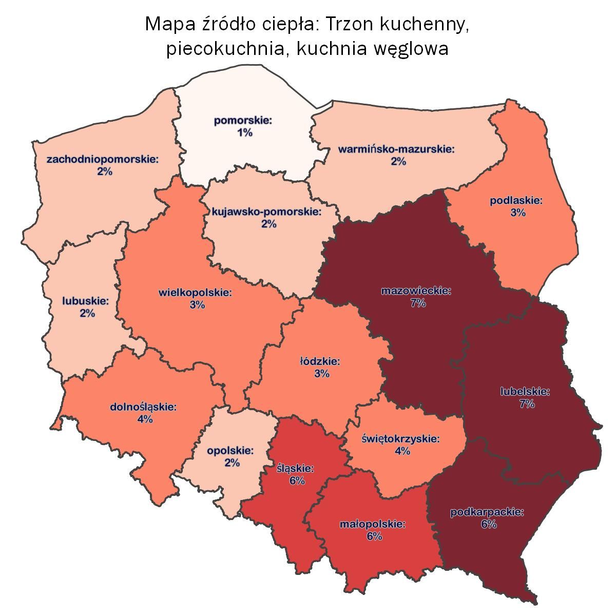 Mapa udział ogrzewania w kuchniach węglowych w źródłach ogrzewania 
