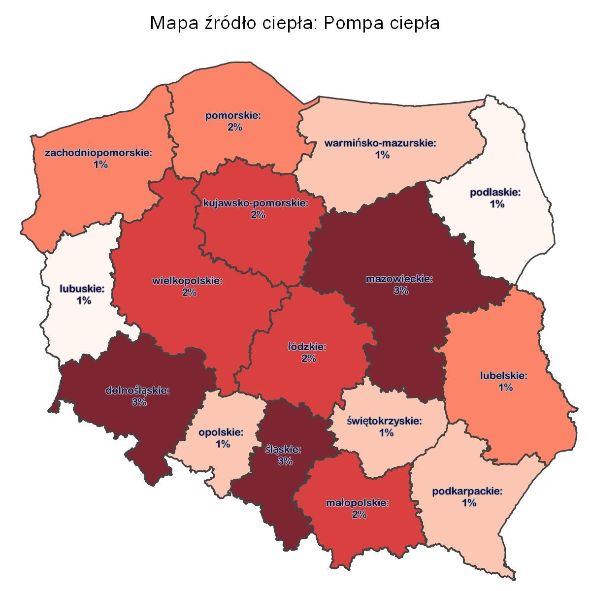 Mapa udział ogrzewania pompami ciepła w źródłach ogrzewania 