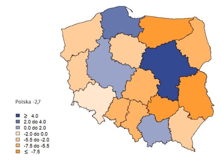 Przyrosty/ubytki liczby ludności rezydującej według województw w 2021 r, dane GUS