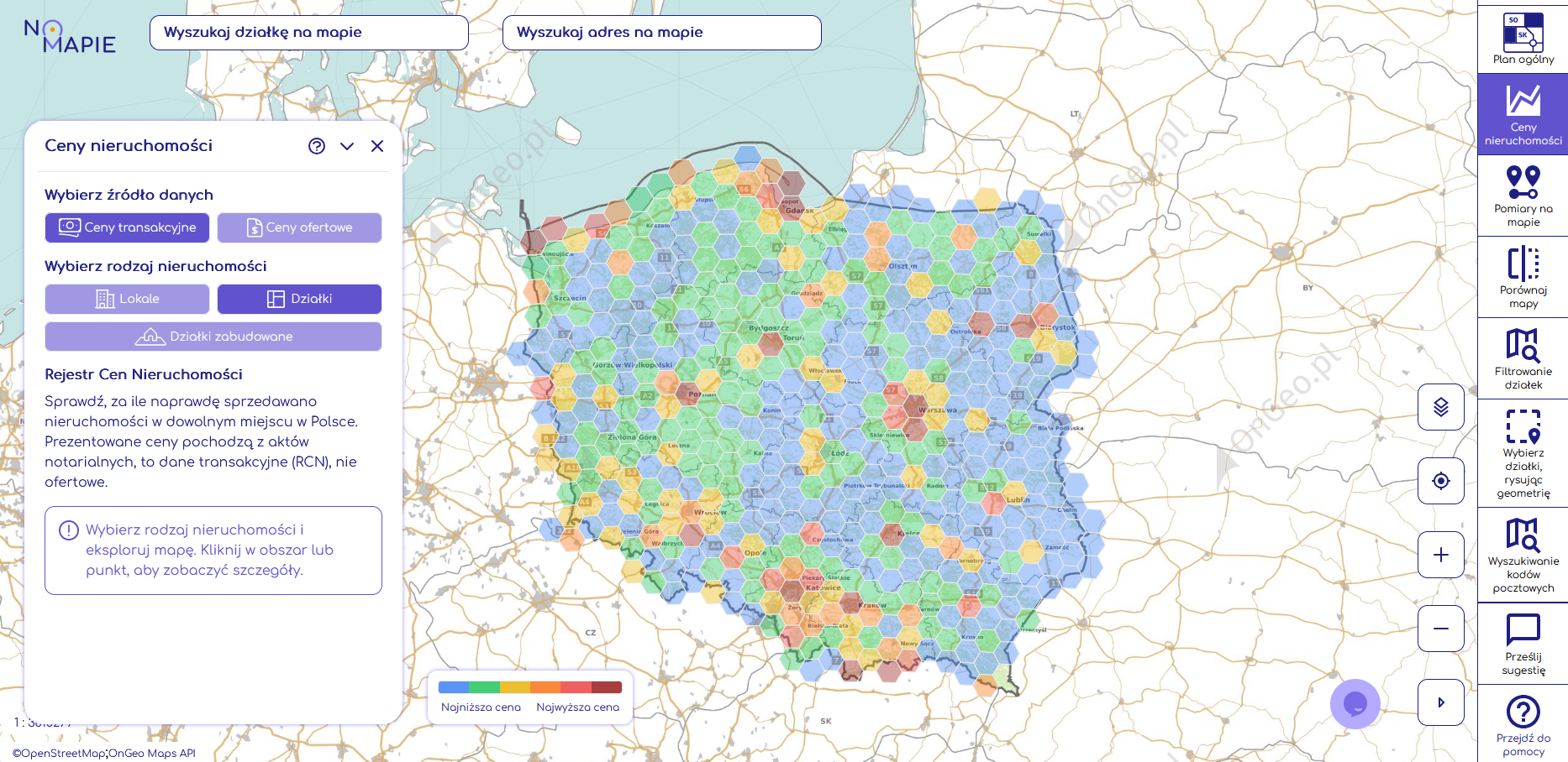 Ceny transakcyjne prezentowane są w formie heksagonów w Geoportalu Na Mapie