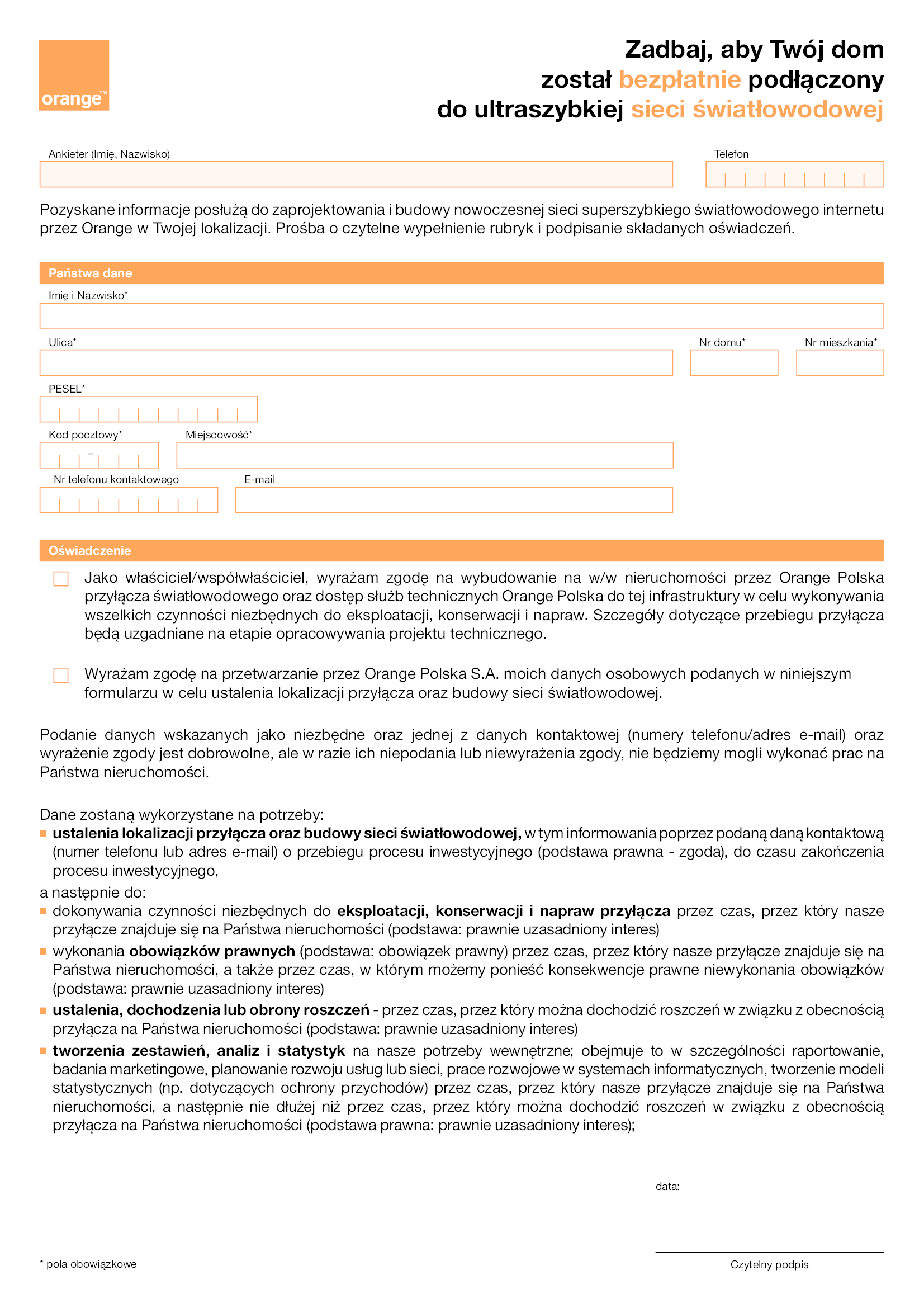 Wzór deklaracji o przyłączenie światłowodu dostawcy sieci Orange