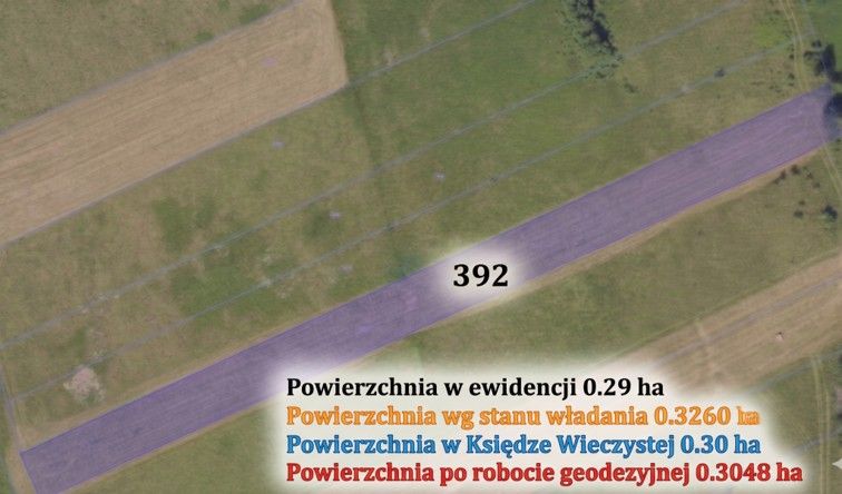 Przykład działki ewidencyjna i rozbieżności jej powierzchni w różnych stanach.
