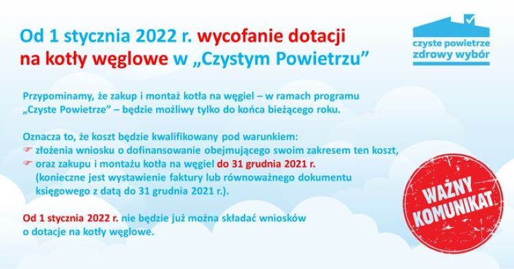 Od 1 stycznia 2022 r. wycofanie dotacji na kotły węglowe w 