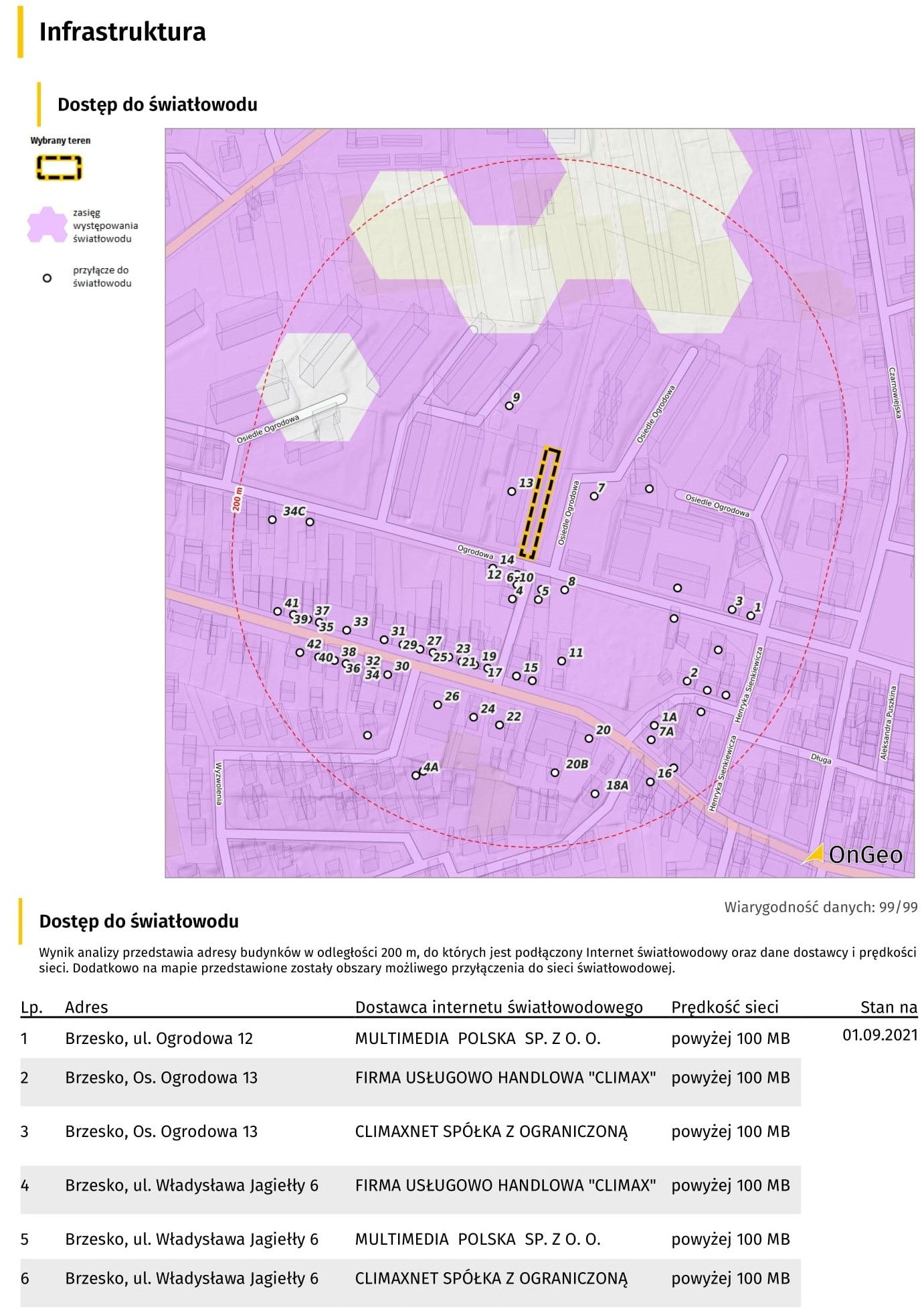 Fragment Raportu o Terenie - mapa zasięgu światłowodu