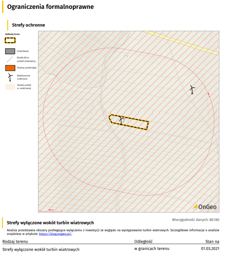 Fragment Raportu o Terenie - strefy wyłączone wokół turbin wiatrowych