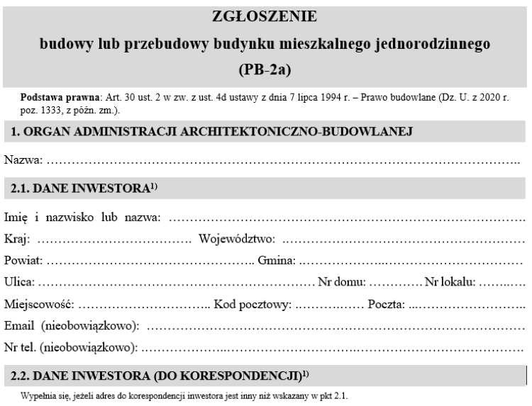 Fragment wniosku zgłoszenia budowy domu, wniosek PB-2a