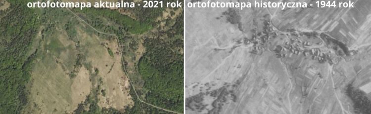 Nieistniejąca wieś Jasiel, gm. Jaśliska - ortofotomapa 2021 i 1944, Na Mapie
