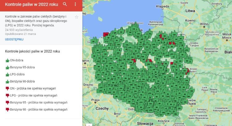 Mapa kontroli stacji paliw z 2022 roku, źródło: Google.com/maps
