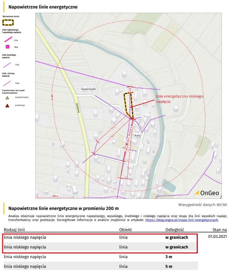 Fragment Raportu o terenie, napowietrzne linie energetyczne na działce, działka budowlana w Rymanowie