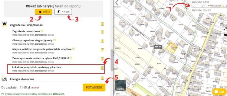 Wybierz “Lokalizacje wyrobisk zawierających azbest”, OnGeo.pl