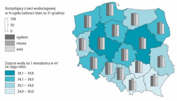 Mapa 1: Ludność korzystająca z sieci wodociągowej i zużycie wody na 1 mieszkańca w 2022 r. źródło: dane GUS