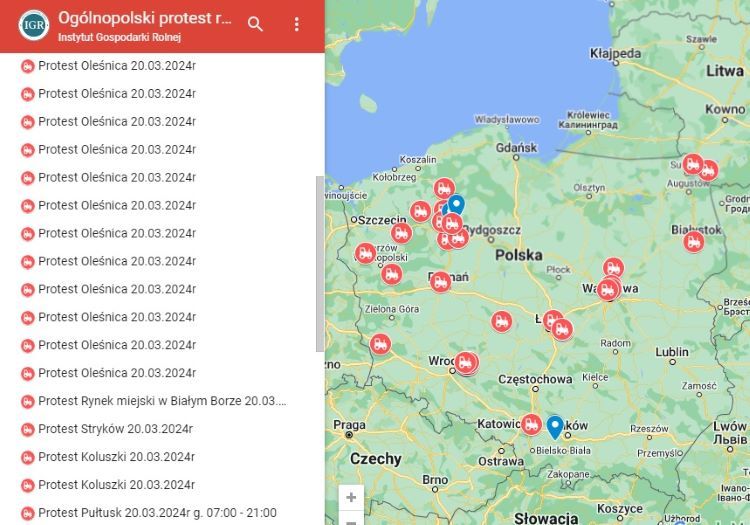 Mapa protestu rolników, OPR google.com