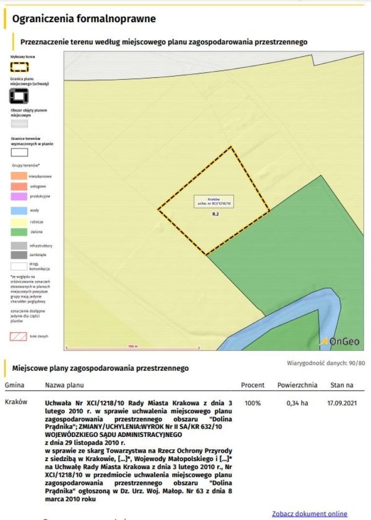 Przeznaczenie terenu w MPZP - fragment Raportu o terenie.
