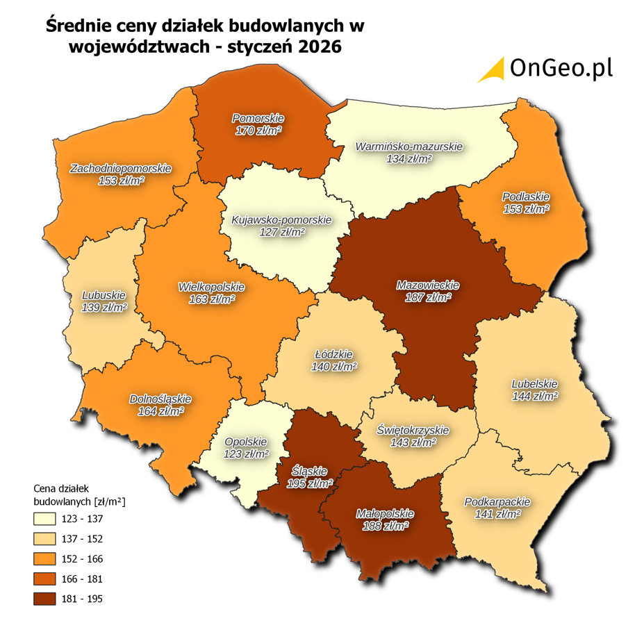 Mapa średnie ceny działek budowlanych z podziałem na województwa - styczeń 2026. Źródło: OnGeo.pl