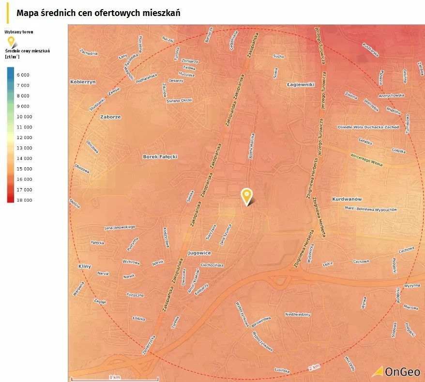 Mapa średnich cen ofertowych mieszkań w Raporcie o Terenie OnGeo.pl.