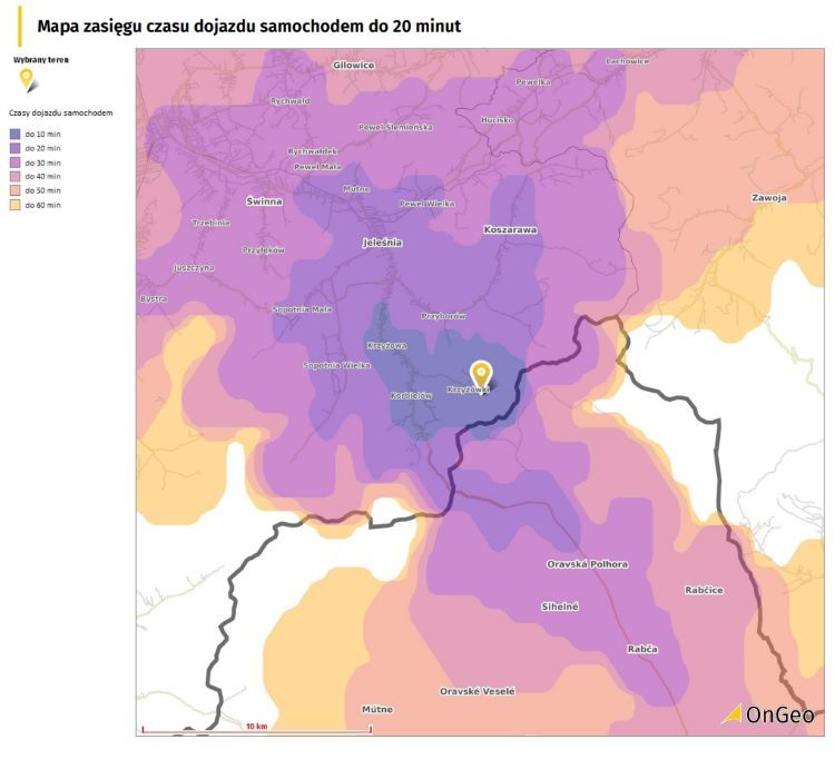 Fragment Raportu o Terenie - mapa zasięgu czasu dojazdu samochodem do 20 minut