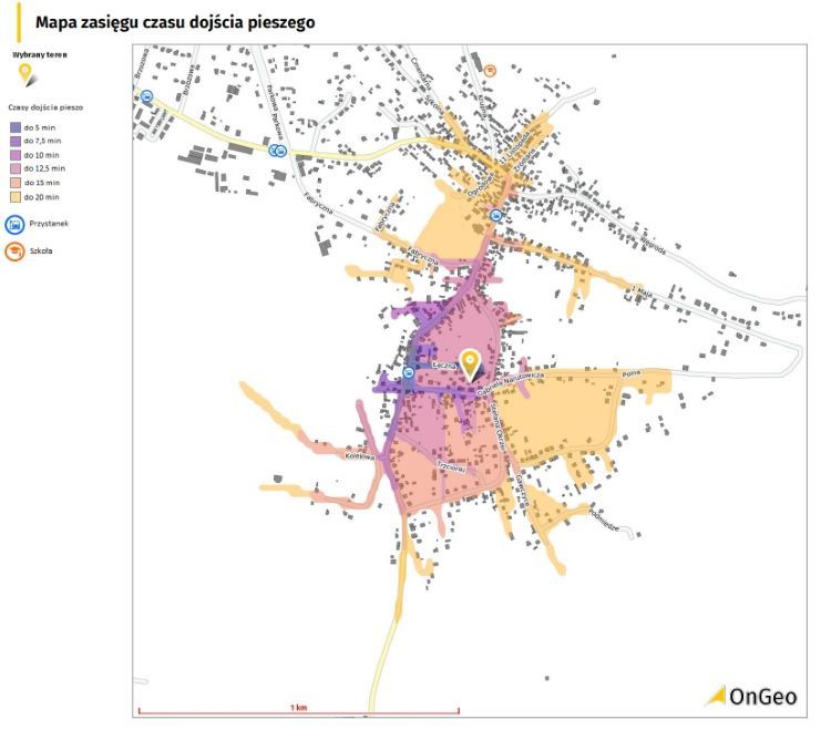 Fragment Raportu o Terenie - mapa zasięgu czasu dojścia pieszego