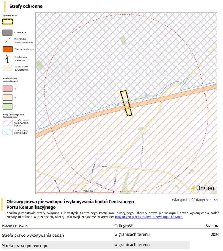 Obszary prawa pierwokupu i wykonywania badań Centralnego Portu Komunikacyjnego, źródło: Raport o terenie OnGeo.pl