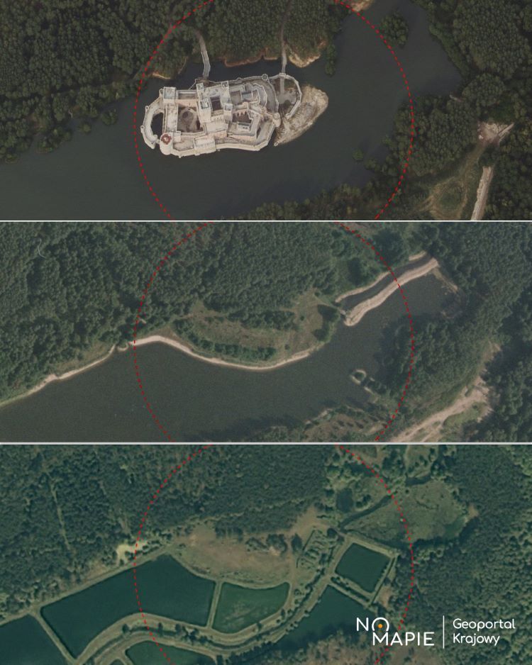 Ortofotomapa przedstawiająca zamek w Stobnicy na przestrzeni lat