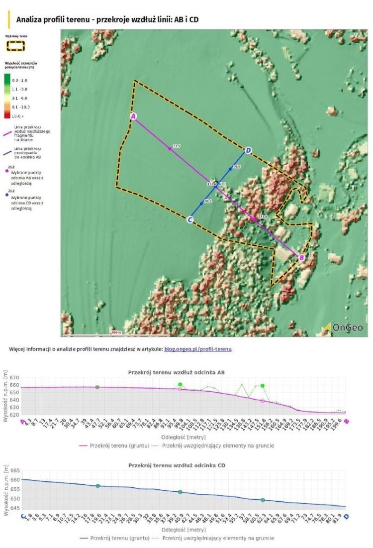 Analiza profili terenu wybranej działki w Nowym Targu, Raport o terenie OnGeo.pl