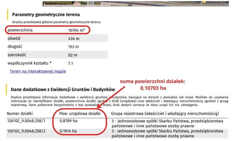 Powierzchnia urzędowa z EGIB, a powierzchnia terenowa, OnGeo.pl