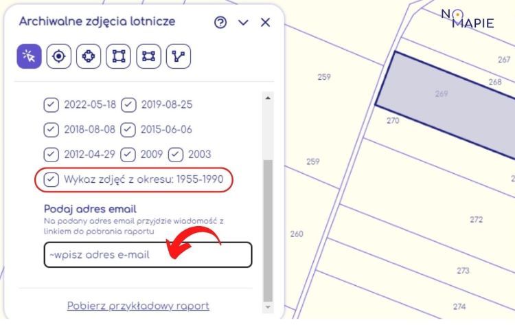 Uzupełnij formularz. Zaznacz "Wykaz zdjęć z okresu: 1955-1990", Na Mapie