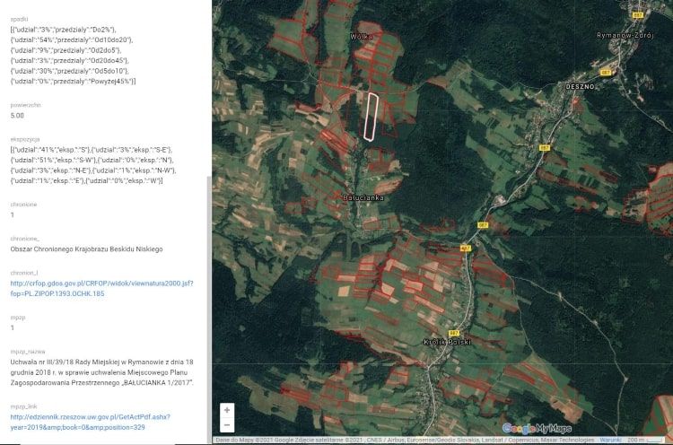 Próbka danych - baza danych na mapach Google.