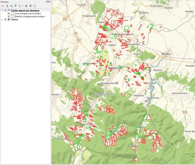 Próbka danych - linie energetyczne na działkach.