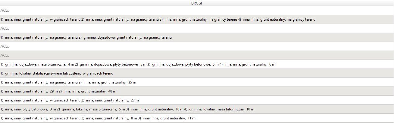 Próbka danych. Tabela atrybutów - infrastruktura drogowa.