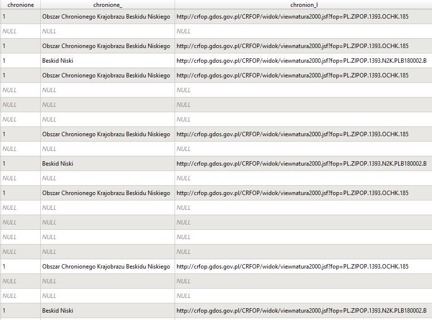 Próbka danych. Tabela atrybutów - obszary chronione.
