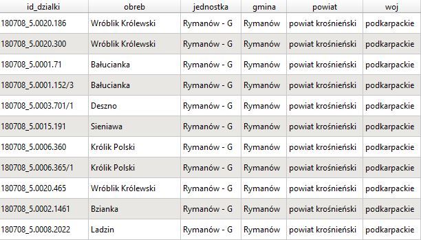 Próbka danych. Tabela atrybutów - podział geodezyjny i administracyjny.