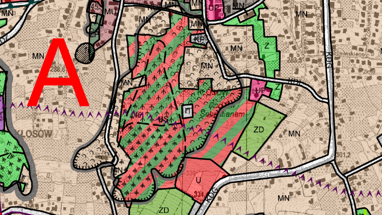 Oznaczenia w studium uwarunkowań i kierunków zagospodarowania przestrzennego - symbole osuwisk na rysunku Studium Wieliczki.