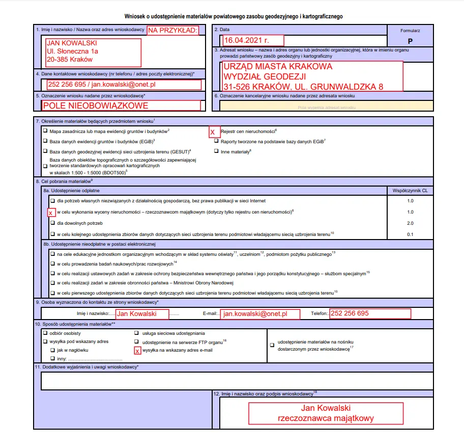 Przykład wypełnionego wniosku - P, o udostępnienie danych z PZGIK