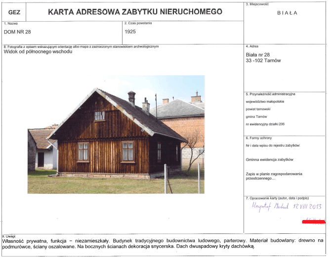 Przykładowa karta z Gminnej ewidencji zabytków dla gminy Tarnów; źródło: https://bip.malopolska.pl/ugt,m,332278,zabytki.html