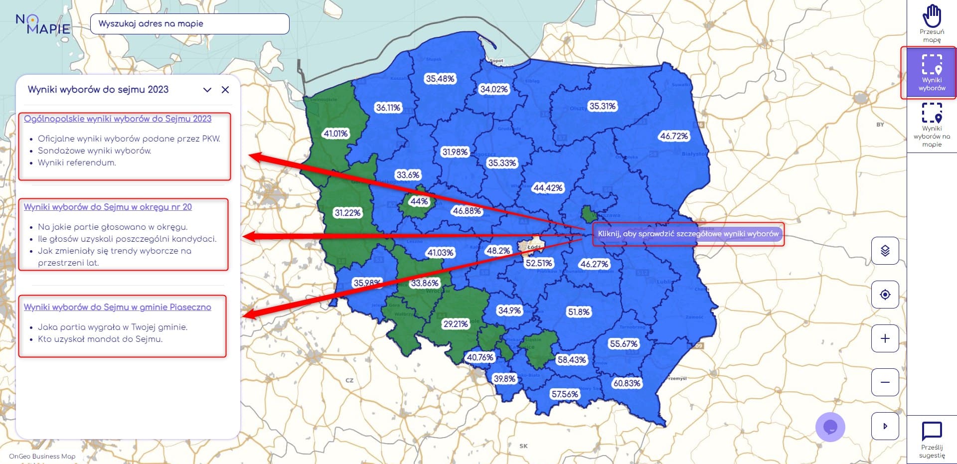 Narzędzie do sprawdzenia wyników wyborów na mapie